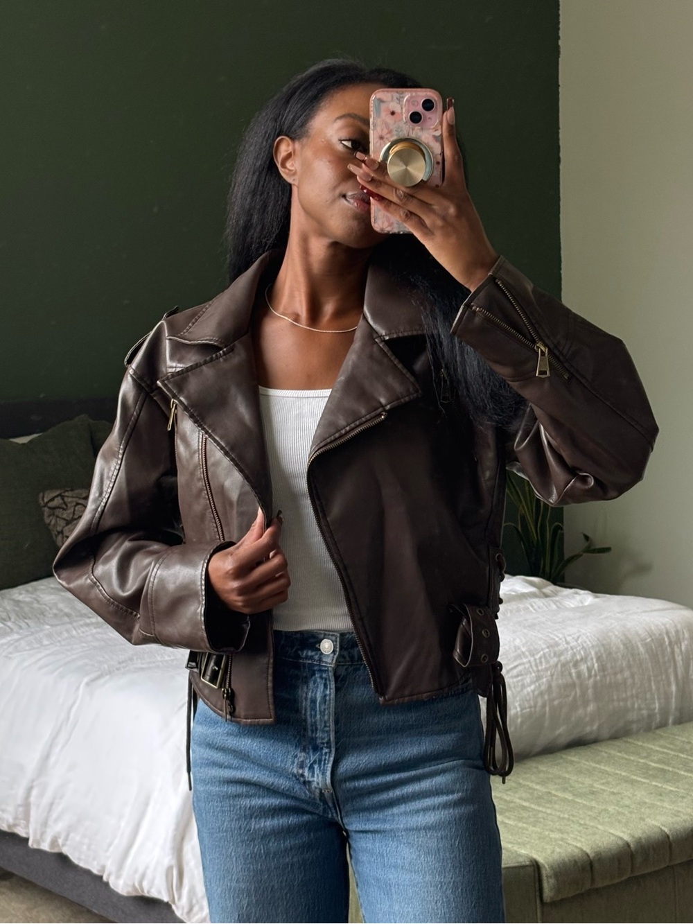 Fashion Nova Chocolate Brown Faux Leather Moto Jacket